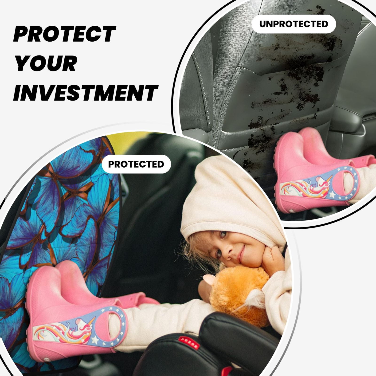 Kdxio Blue Butterflies Print 2 Pack Car Kick Mat Seat Cover Back Protector Mat with Pockets for Organizer Backseat Protector and Storage Anti Kick Pad for Vehicles