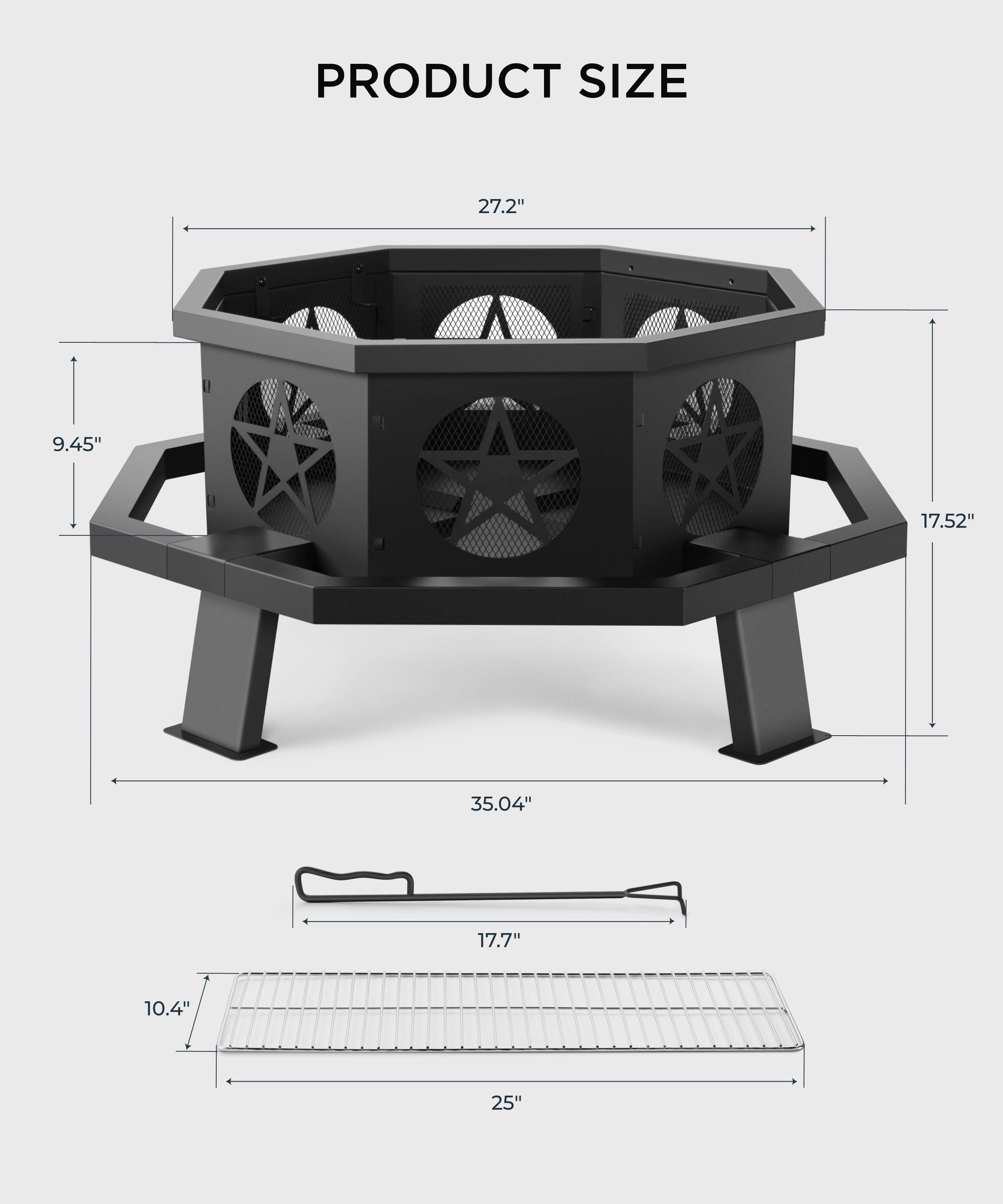 TVOFEK 35 inch Octagon Fire Pit with Grill and Poker, Wood Burning Firepits, Outdoor Fire Barrell for Bonfire, Backyard, Patio, Picnic, Camping, Black