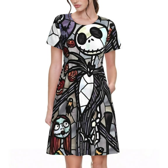 Lsque The Nightmare Before Christmas Print Women's Casual Dress T-Shirt Summer Short Sleeve Scoop Neck Swing Dresses