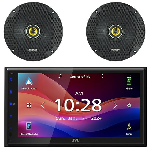 JVC KW-M695BW 6.8" WSVGA LCD Display Single-DIN Bluetooth USB/MP3 Digital Media Shallow Chassis Multimedia SiriusXM Ready Receiver, 2x Kicker 6.5" 300W Max Power 2-Way Car Audio Coaxial Speakers