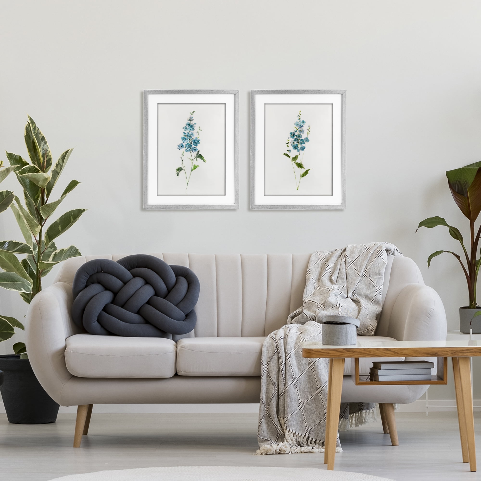 Stupell Industries Blue Watercolor Sprigs 2 Piece Gray Framed Print Under Glass Set, design by Sally Swatland