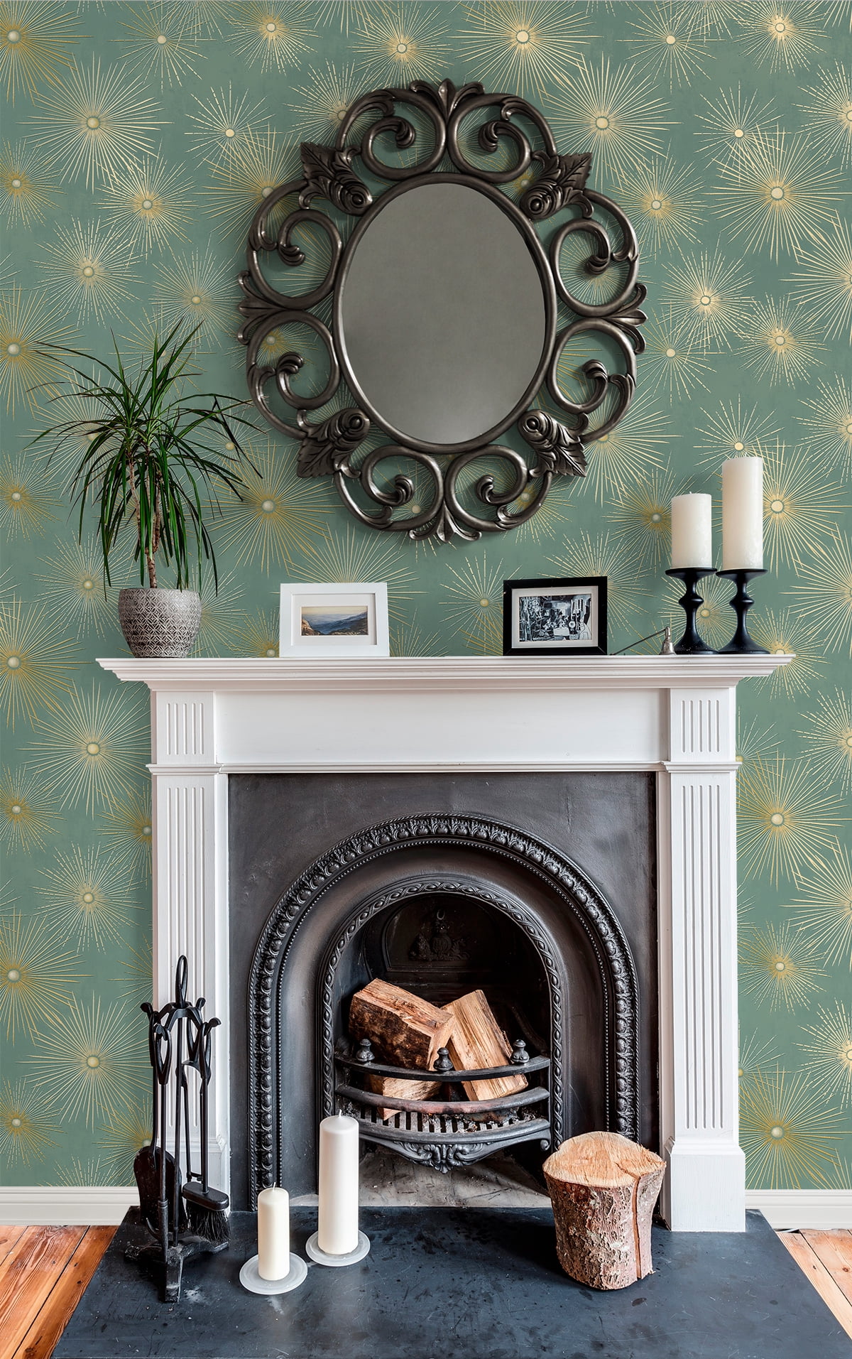 NextWall Teal & Metallic Gold Starburst Geo Peel and Stick Wallpaper