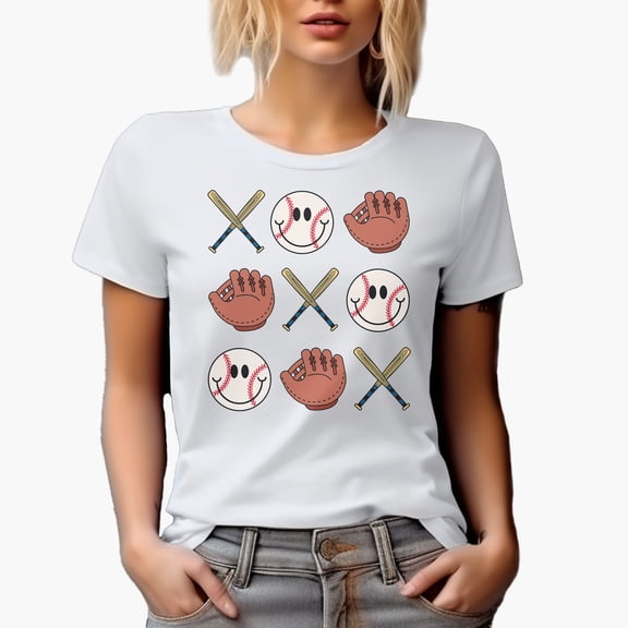 Distressed Retro Baseball Bats, Gloves & Smiling Balls Art Merch Gift, White T-Shirt, Small