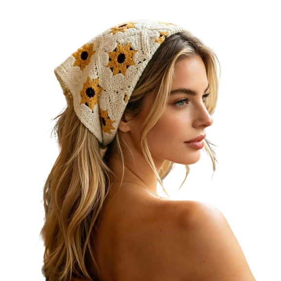 Crochet Daisy Triangle Head Scarf, Knitted Floral Bandana Head Wrap, Adjustable Back Tie Hair Kerchief For Daily Travel Outdoor Beach Styling