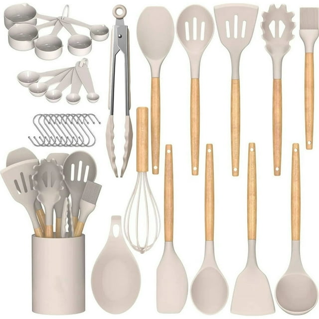 34 PCS Silicone Kitchen Utensils Set – Heat Resistant, BPA-Free Cooking Tools with Wooden Handles & Plastic Holder (Beige)