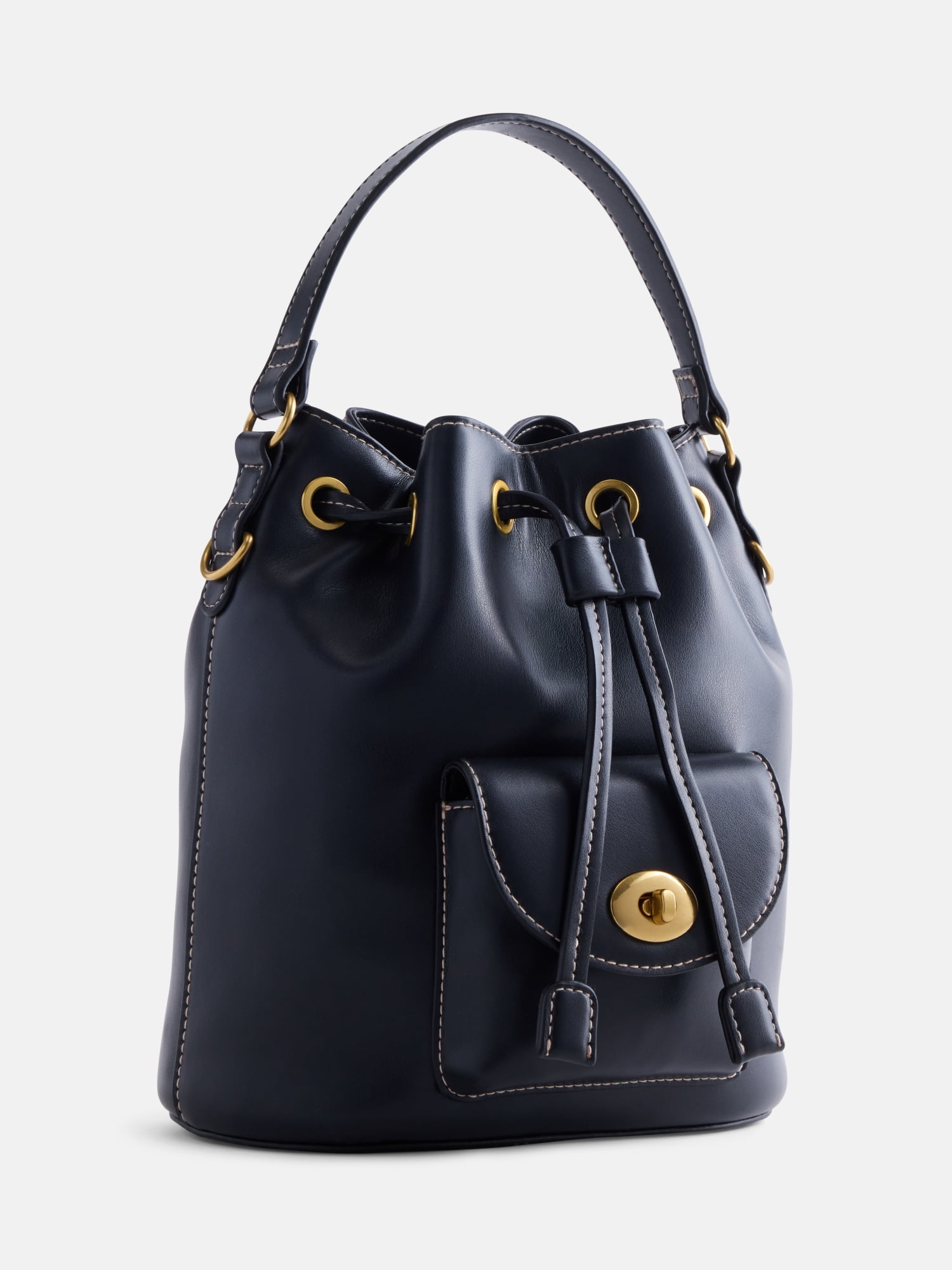 Free Assembly Women's Faux Leather Drawstring Handbag, Black