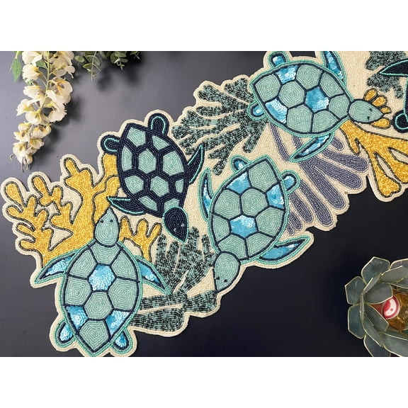 Handmade bead table runner, coastal, ocean, sea turtle and coral designs, aqua and multicolour, 13x36inch