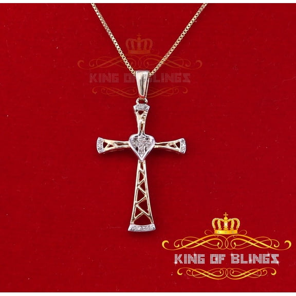 King Of Bling's Real 0.05ct Diamond 925 Sterling Silver CROSS Charm Necklace Yellow Pendant
