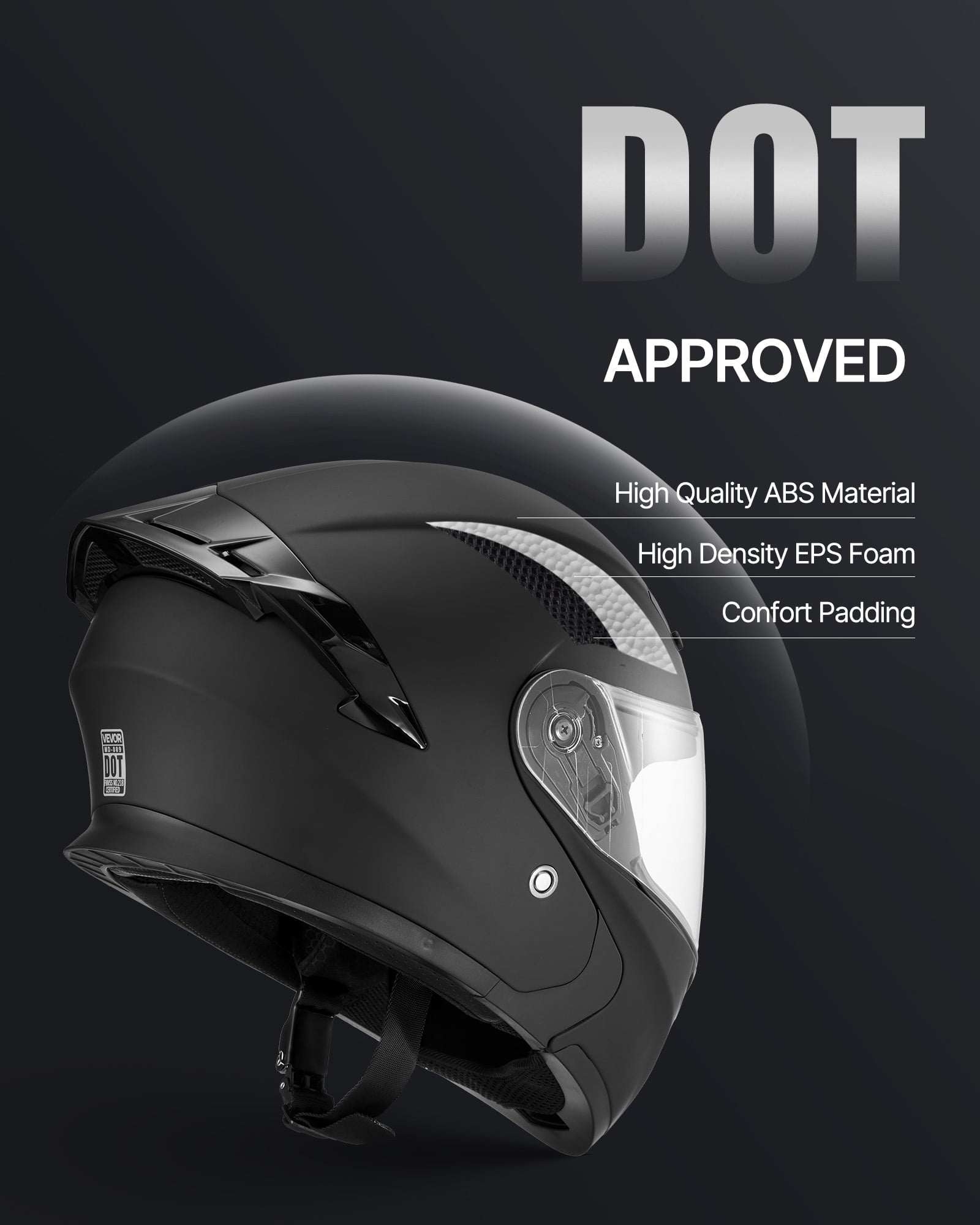VEVOR Motorcycle Helmet, Modular, Adult Motocross Dirt Bike Helmet with Large Clear Visor, Comfortable Motorbike Racing Street with Detachable Liner for Men & Women, DOT Approved, (Matte Black, L)