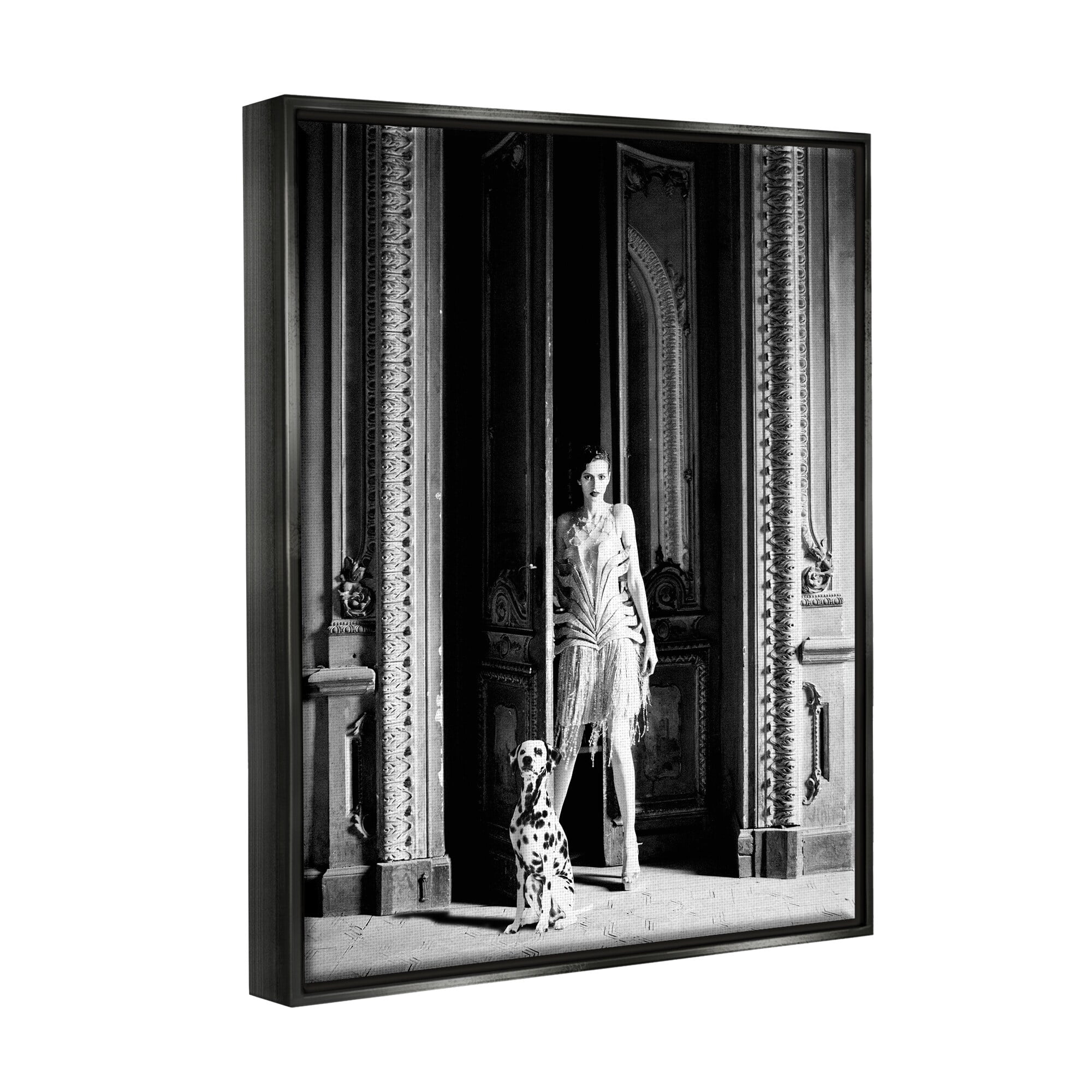 Stupell Industries Upscale Fashion Woman Dalmatian Dog Ornate Building Photograph Jet Black Floating Framed Canvas Print Wall Art, Design by Leah Straatsma