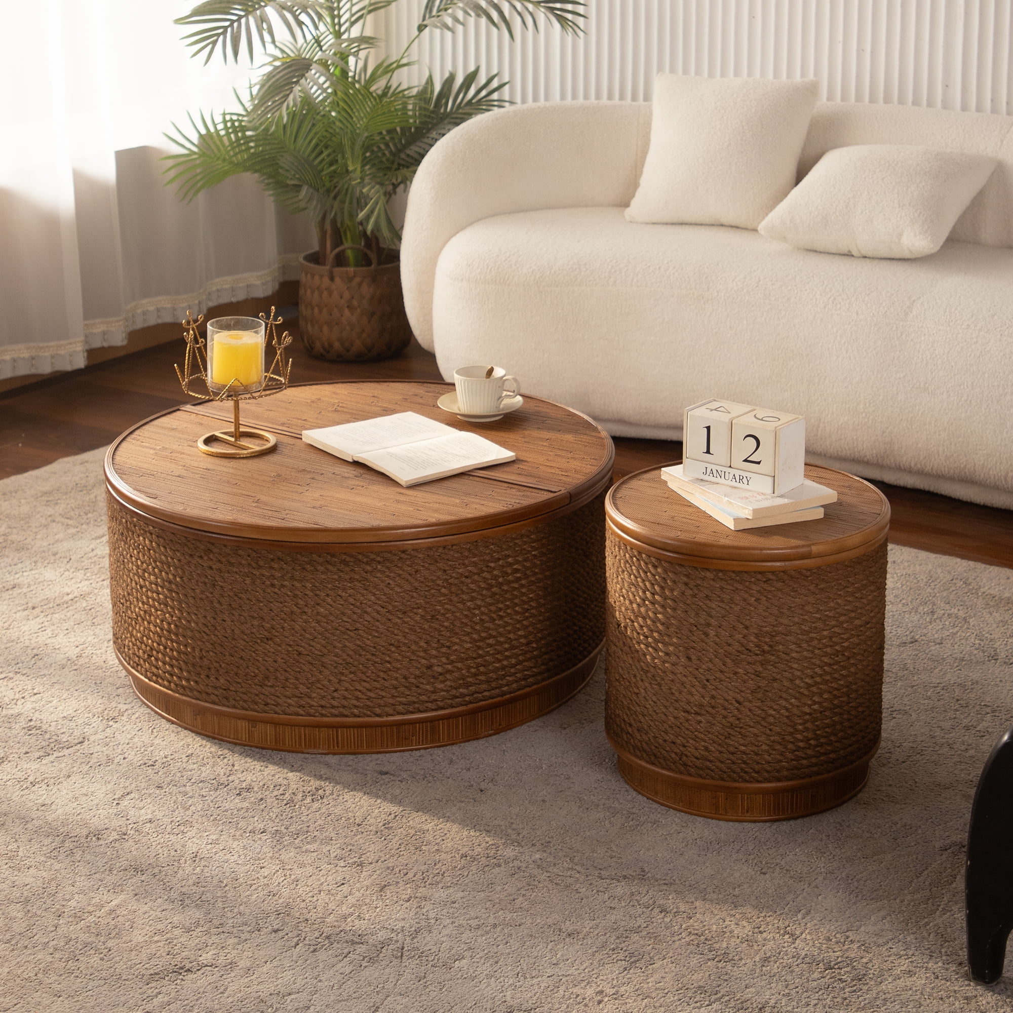 Leumius Round Rattan Coffee Table with Lift-Off Lid Storage, Hand-Woven Hemp Rope Trim, Boho-Chic Style for Cozy Living Rooms & Compact Spaces Natural 1