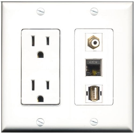 RiteAV - 15 Amp Power Outlet 1 Port RCA White 1 Port USB A-A 1 Port Shielded Cat6 Ethernet Ethernet Decorative Wall Plate