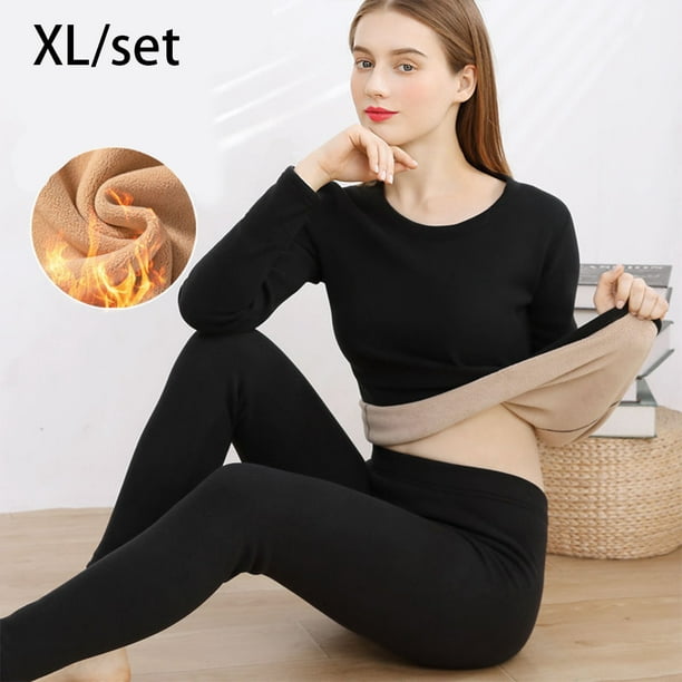fastboy Women Thermal Underwear Winter Warm Thicken Cold Weather Elastic  Long Bottom Top Two Piece Sets Lingerie Shaping Clothing Black/Set/L Black/Set/XL  