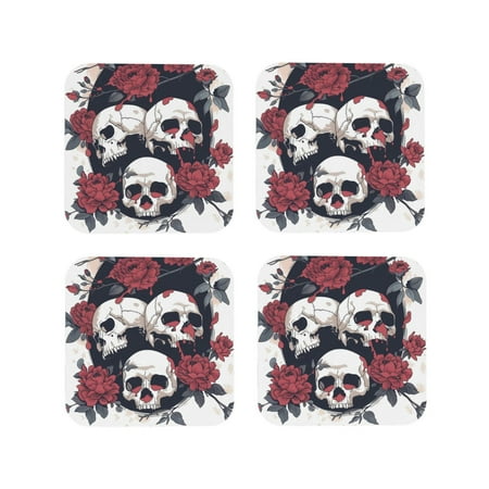 

Fuzoiu Gothic Skulls And Roses Print Leather Coasters Set Drink Coasters Set of 4 for Tabletop Protection Durable PVC Coasters Home Décor and Housewarming Gift-Square