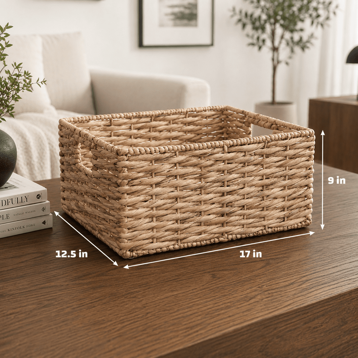 Leumius Water Hyacinth Storage Basket,Handwoven Weave Basket with Handles Cube Organizers for Bathroom, Bedroom,Living Room,16.9" x 12.6" x 9.1",Natural