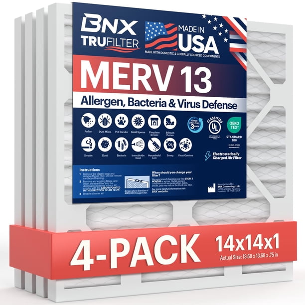 Filtro de aire BNX TruFilter 14x14x1 MERV 13 para horno AC (paquete de 4)