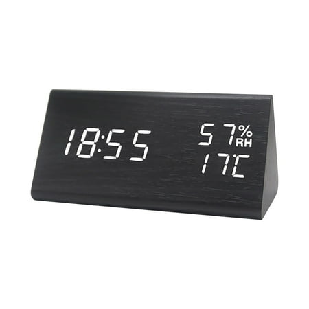 Multifunctional Silent Wooden Alarm Clock, 6.9 Black Wood White Font Digital Clocks, Creative LED Wooden Clocks Cute Digital Clocks Modern Alarm Clock, Wood Alarm Clock for Bedrooms Living Room
