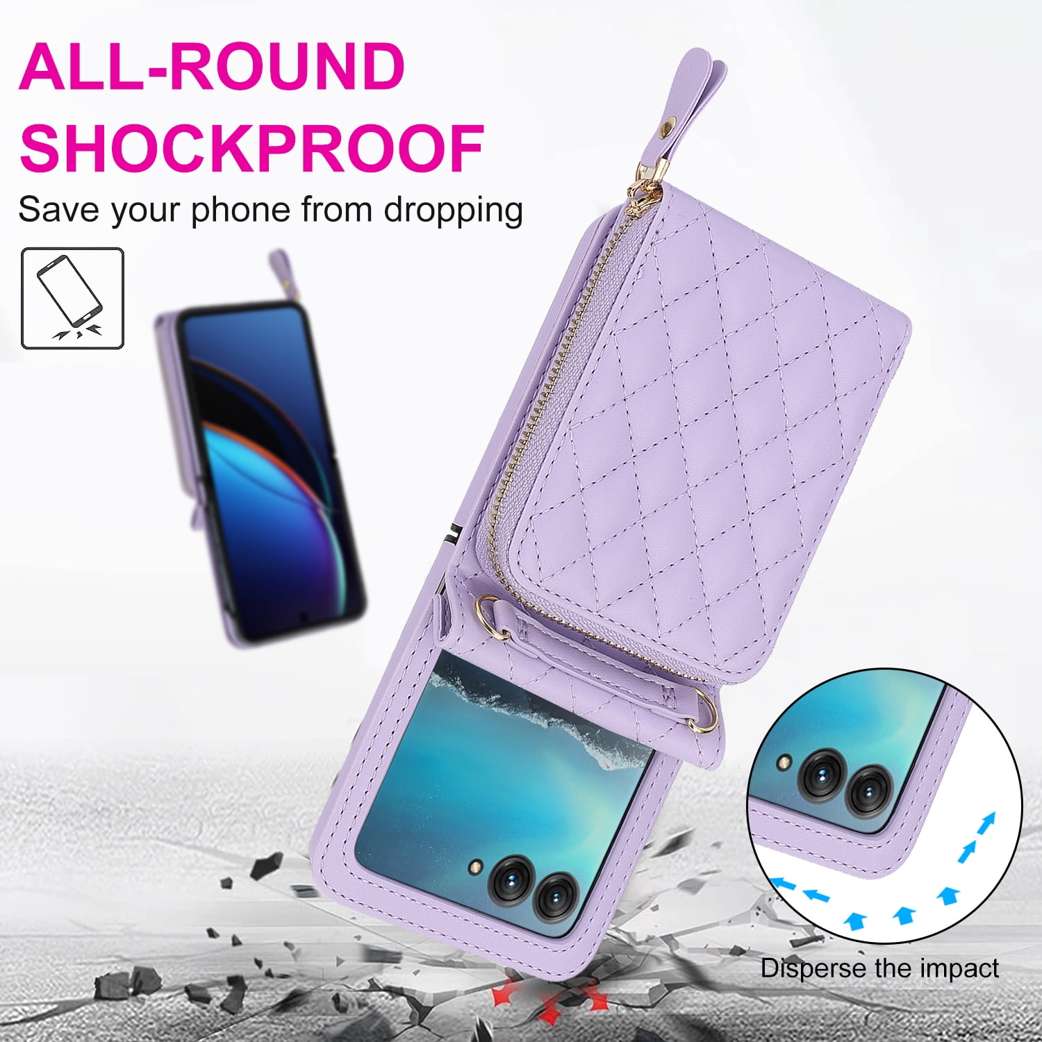 Allytechgroup for Motorola Razr 2025/2024 Wallet Case with Hand Wrist Shoulder Strap, PU Leather Cards Slots Zipper Pocket Shockproof Protective Phone Case Cover for Motorola Razr 50/60, Purple