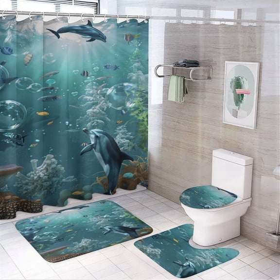 Marvels of The Sea 4 Pcs Shower Curtain Set with Rug Bathroom Sets with Waterproof Fabric And Non-Slip Rugs Toilet Lid Cover Bath Mat Decor with Hooks