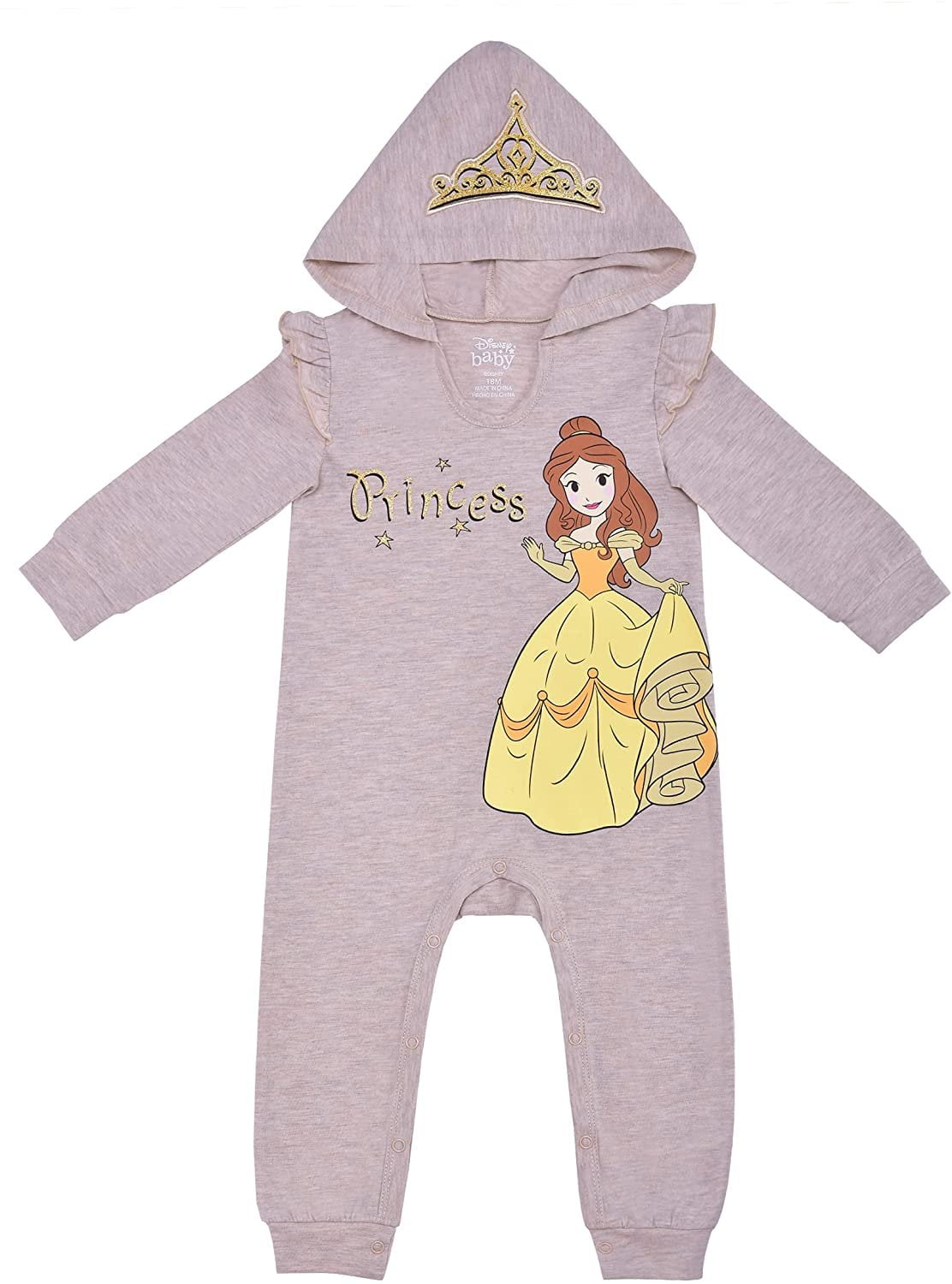 Disney Girl's Belle Princess, Future Mermaid Princess Ariel, or Cinderella Royally, Hooded Coverall Bodysuit