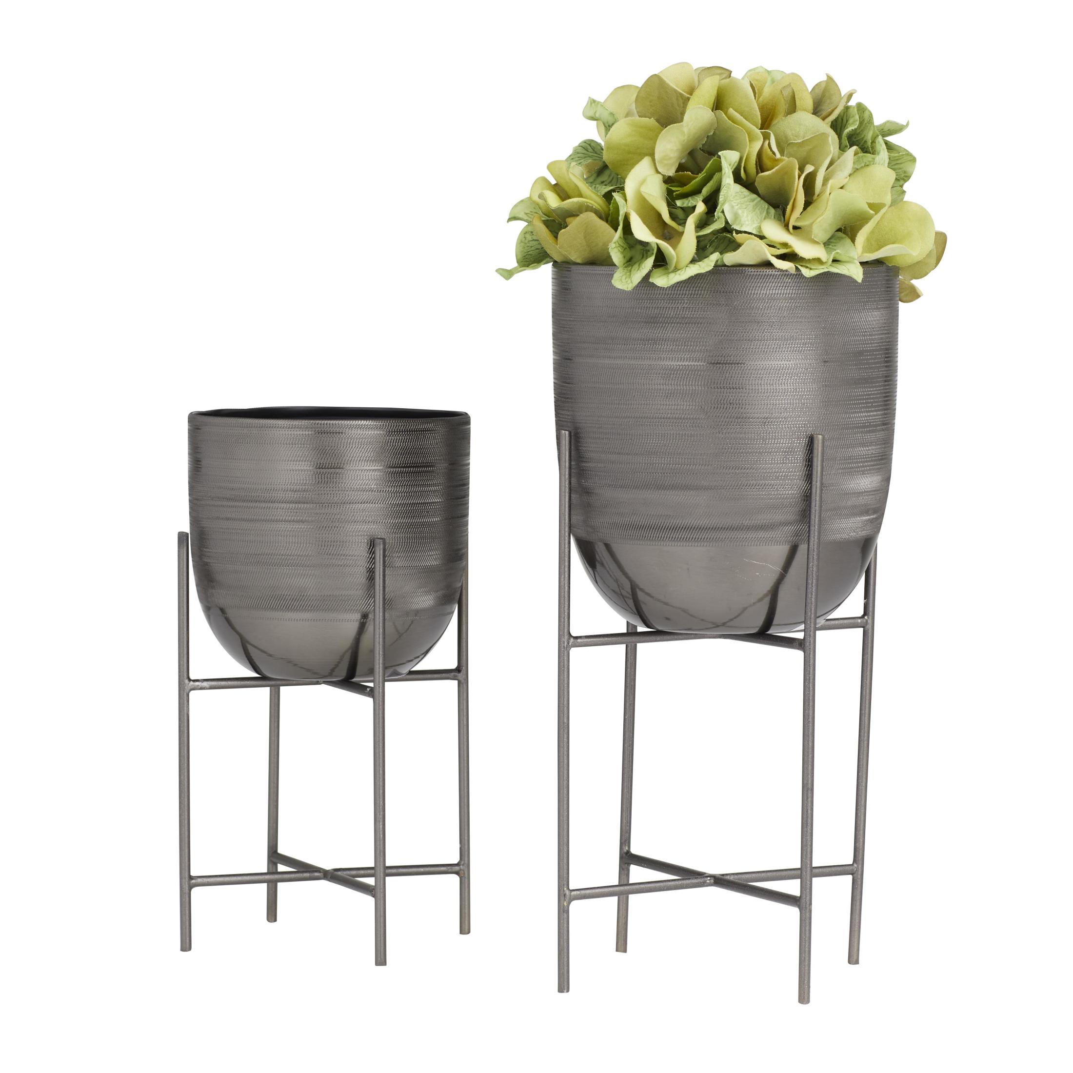 DecMode 12", 9"H Small Brushed Dome Gray Metal Planter with Removable Stand (2 Count)