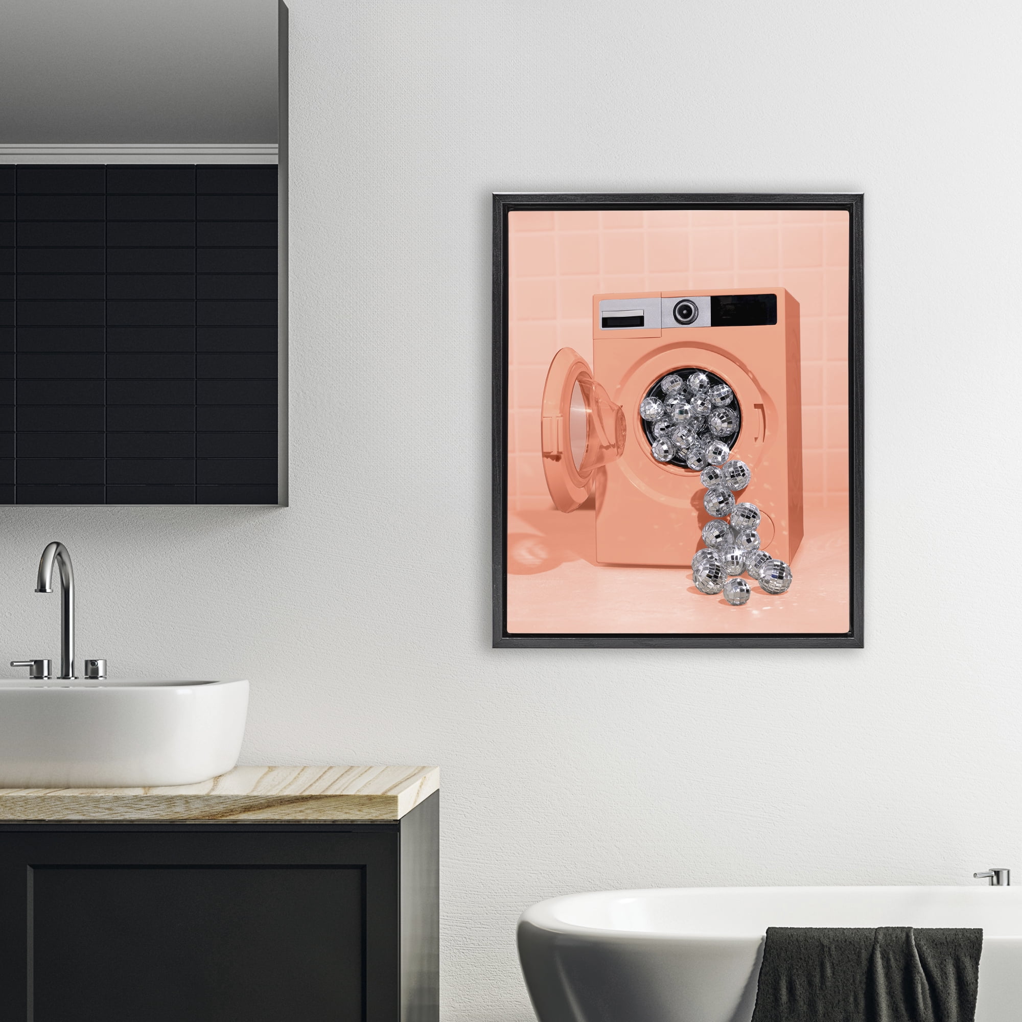 Stupell Industries Disco Laundry Machine over Orange Black Framed Floater Canvas Wall Art, design by LISH Creative