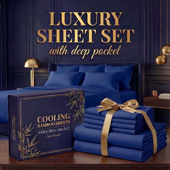 3/4 Pcs Cooling Bamboo Bed Sheet Set, Silky Smooth Breathable Sheets for Hot Sleepers,Designed for restorative, Deep Pocket Wrinkle‑Resistant Bedding(Navy Blue,Twin)