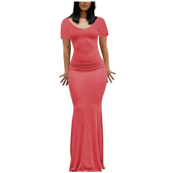 Summer Saving Wycnly Womens Dresses Wedding Guest Party Elegant Slim Mermaid Long Dresses Solid V-Neck Short Sleeve Maxi Summer Dress Watermelon Red xl Clearance Under $5