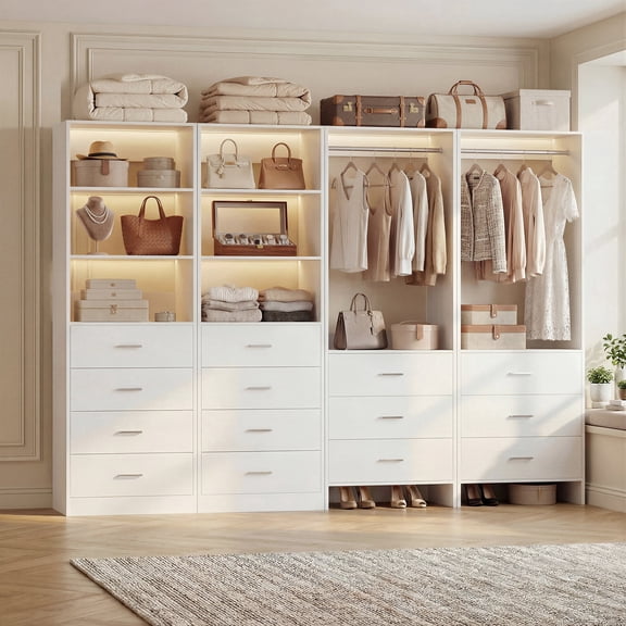 Homieasy Closet Storage System, 4 Piece Set, 90''W Freestanding Wardrobe System with with 14 Drawers, 2 Hanging Rods & Shelves, White