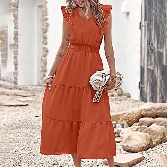 EGNMCR Robes de Vacances pour Femmes Mode Printemps, Été et Décontracté Col en V Manches Courtes Robe Unie