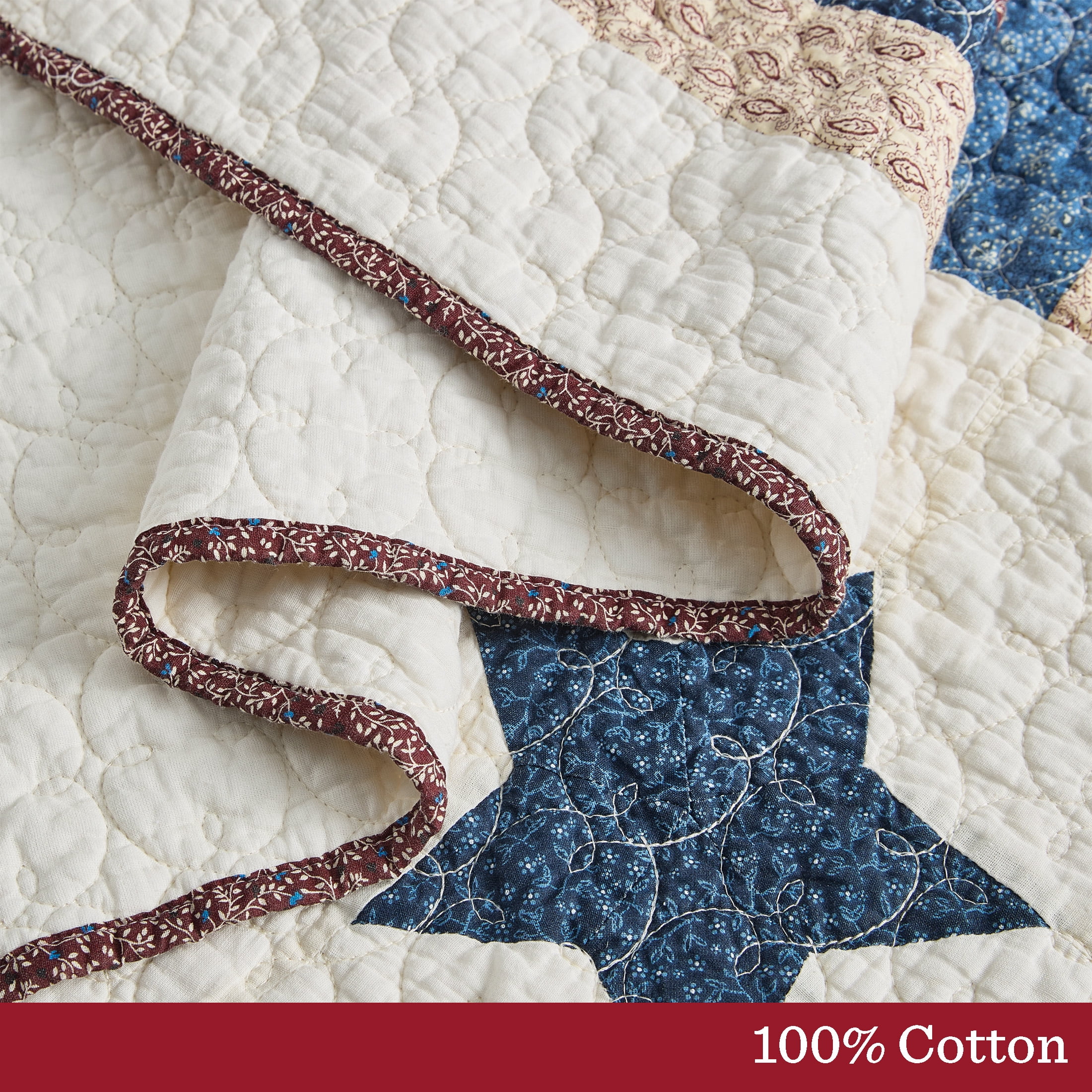 Country Home Queen Quilt Set, 100% Cotton & Reversible, Americana Stars Patchwork, 3-Piece