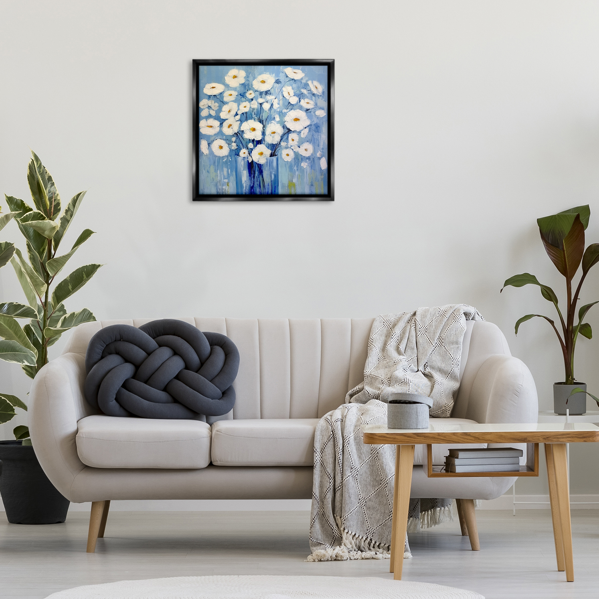 Stupell Industries Bold Blooms on Blue Plants & Flowers Painting Black Floater Framed Canvas Art Print Wall Art, 25 x 25