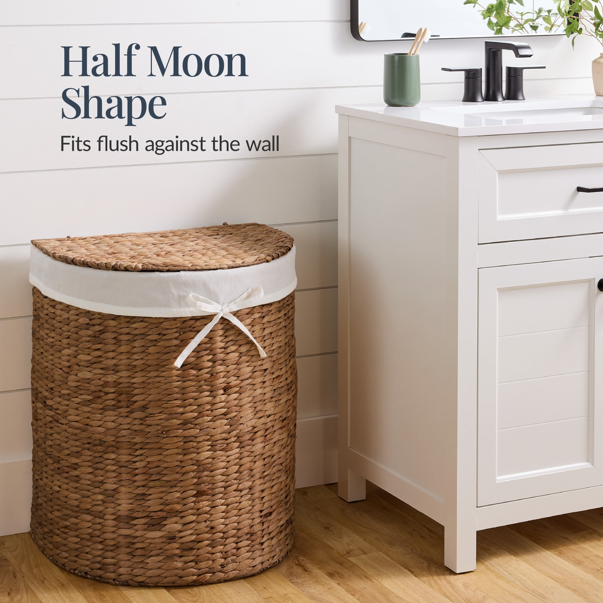 Best Choice Products Half Moon Laundry Hamper w/ Lid, Half Round Laundry Basket, w/ Removable Liner & Handles - Chestnut