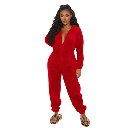 

AvoDovA Women One Piece Fleece Pajamas Jumpsuit Cartoon Bear Hooded Fuzzy Warm Sherpa Romper Sleepwear Homewear Red M