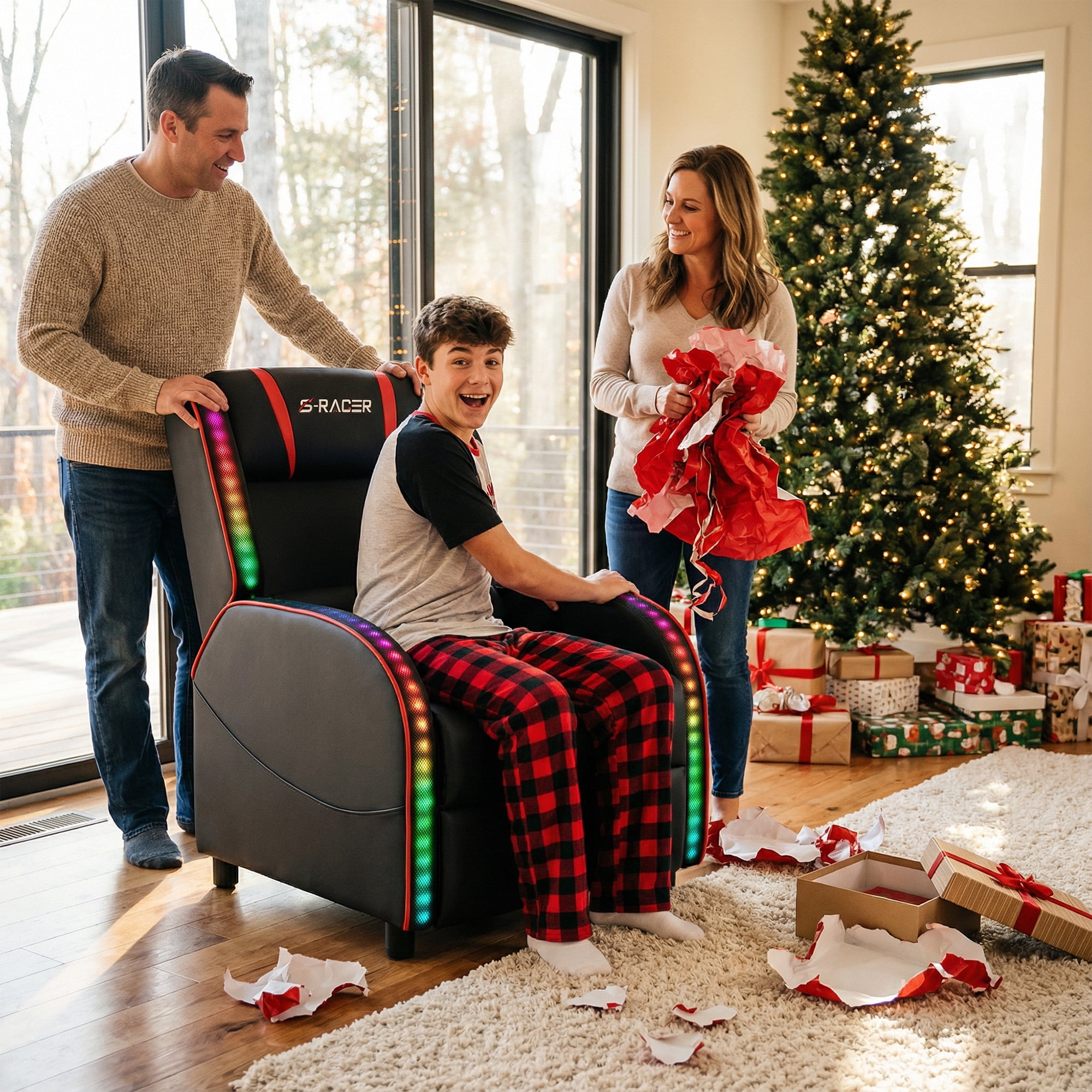 Homall RGB LED Lights Gaming Massage Recliner Chair Racing Style Single Living Room Sofa Ergonomic Home Theater Seating with Massage Lumbar Support, Red