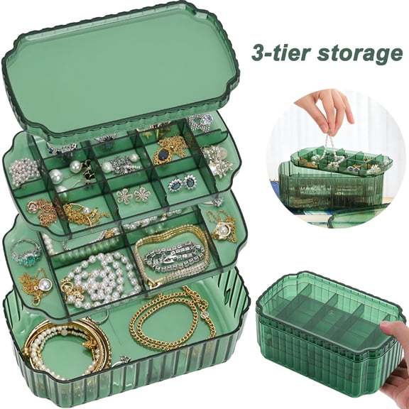 Deally 3-Layer Jewelry Organizer Box for Earrings, Rings, Necklaces, Bracelets,Green Clear Plastic Bead Storage Containers for Crafts