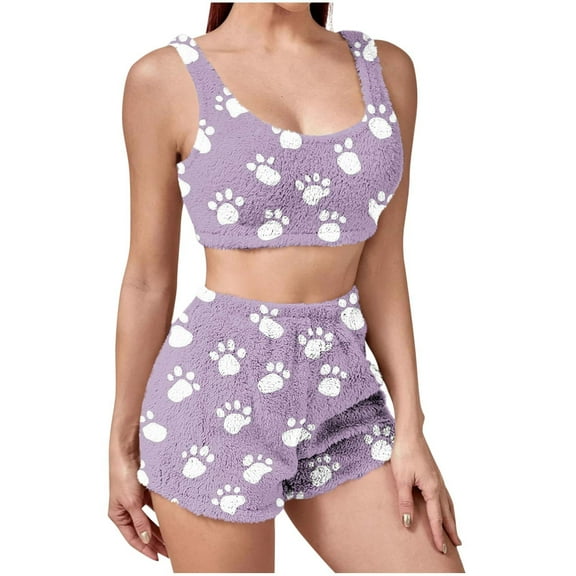 Women Pajama Set Cute Paw Print Sleepwear 2 Piece Crop Tank Top and Shorts Soft Stretchy Loungewear Outfits