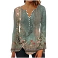 thumbnail image 1 of Pompotops Mode Décontractée pour Femmes Col Rond Manches Longues Bouton Imprimé Haut Blouse en Solde, 1 of 5