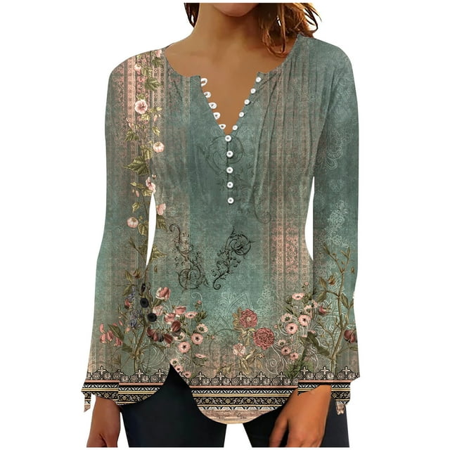 Pompotops Mode Décontractée pour Femmes Col Rond Manches Longues Bouton Imprimé Haut Blouse en Solde