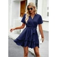 thumbnail image 2 of Womens Sexy Deep V Neck Short Sleeve Tie Waist Ruffle Hem Flowy Swing Mini Short Wrap Dress, 2 of 7