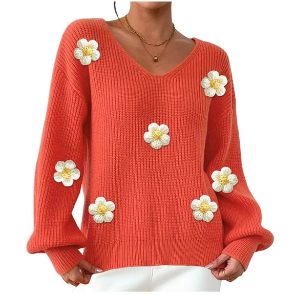 Cute Sweaters for Women Flowers Applique V Neck Comfy Knit Pullover Tops Long Sleeve Casual Trendy Fall Clothes (XL, Orange)