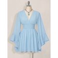 thumbnail image 4 of Womens Baby Blue V-Neck Solid Color Smocked Waist Bell Sleeve Mini Dress, 4 of 10