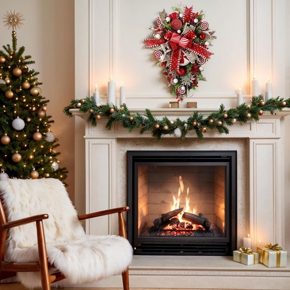 2025 Christmas Candy Cane Teardrop Wreath for Front Door Stairway Decor - Red, White Candy Cane Christmas Ball Ornaments 19.68iNCH