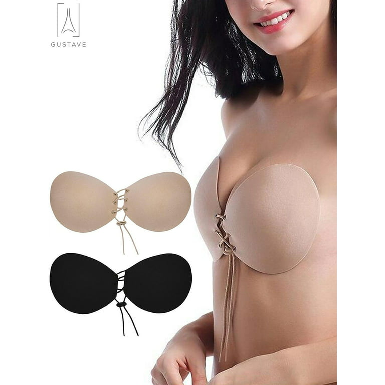 Gustavedesign 2-Pack Self Adhesive Bra Strapless Sticky Invisible Push up  Silicone Bra for Backless Dress with Drawstring Suit C Cup