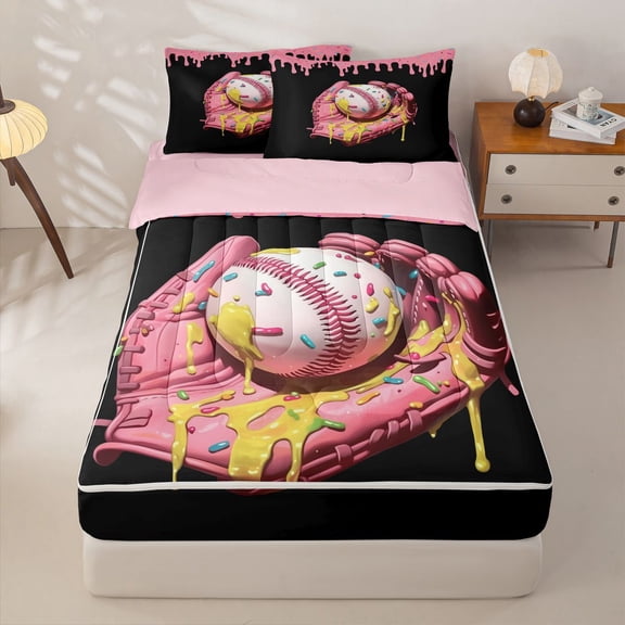 Homewish Colorful Ice Cream Drip Zipper Twin Comforter Sets with Fitted Sheet and 2 Pillowcases,Girl Baseball Sport Games Zipper Bedding Set For Kids,Pink Reversible,4-Piece