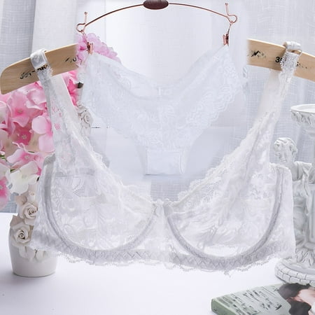 

Women Lace Embroidery Underwear Sexy 3/4 Cup Thin Transparent Bra Panty Set