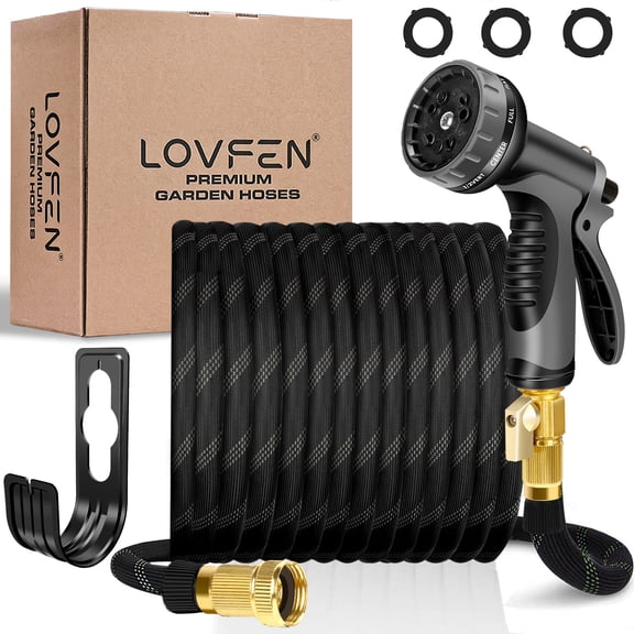LOVFEN 25 ft Garden Hose,Non-Expanding Kink Free Flexible Water Hose with 10-Pattern Spray Nozzle, Lightweight Hose Pipe, Leak Proof, 3/4" Swivel Connectors, Super Fabric, Portable Storage Strap