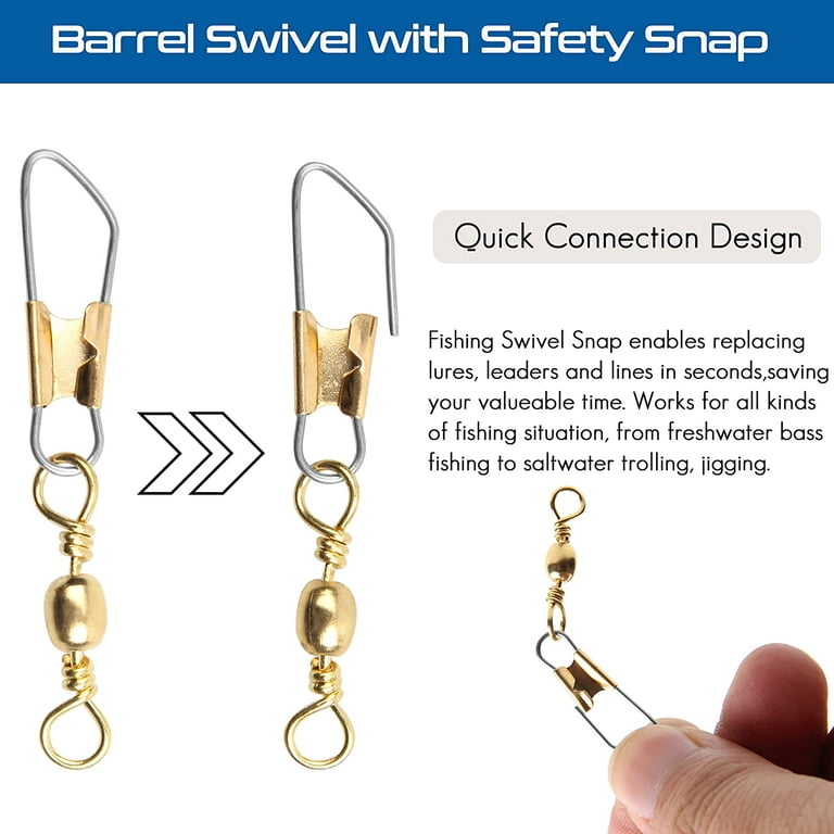 Fishing Snap Swivels Kit - 50pcs Barrel Swivels with Safety Snap Fishing  Connector Swivel Snap with Solid Ring Fishing Tackle Accessories Box Kit,  Black/Gold Size 6#,8#,10# 
