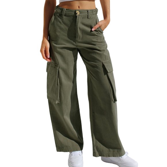 Sexy Dance Women Cargo Pants Wide Leg Military Trousers High Waist Combat Pant Baggy Bottoms Solid Color Green M