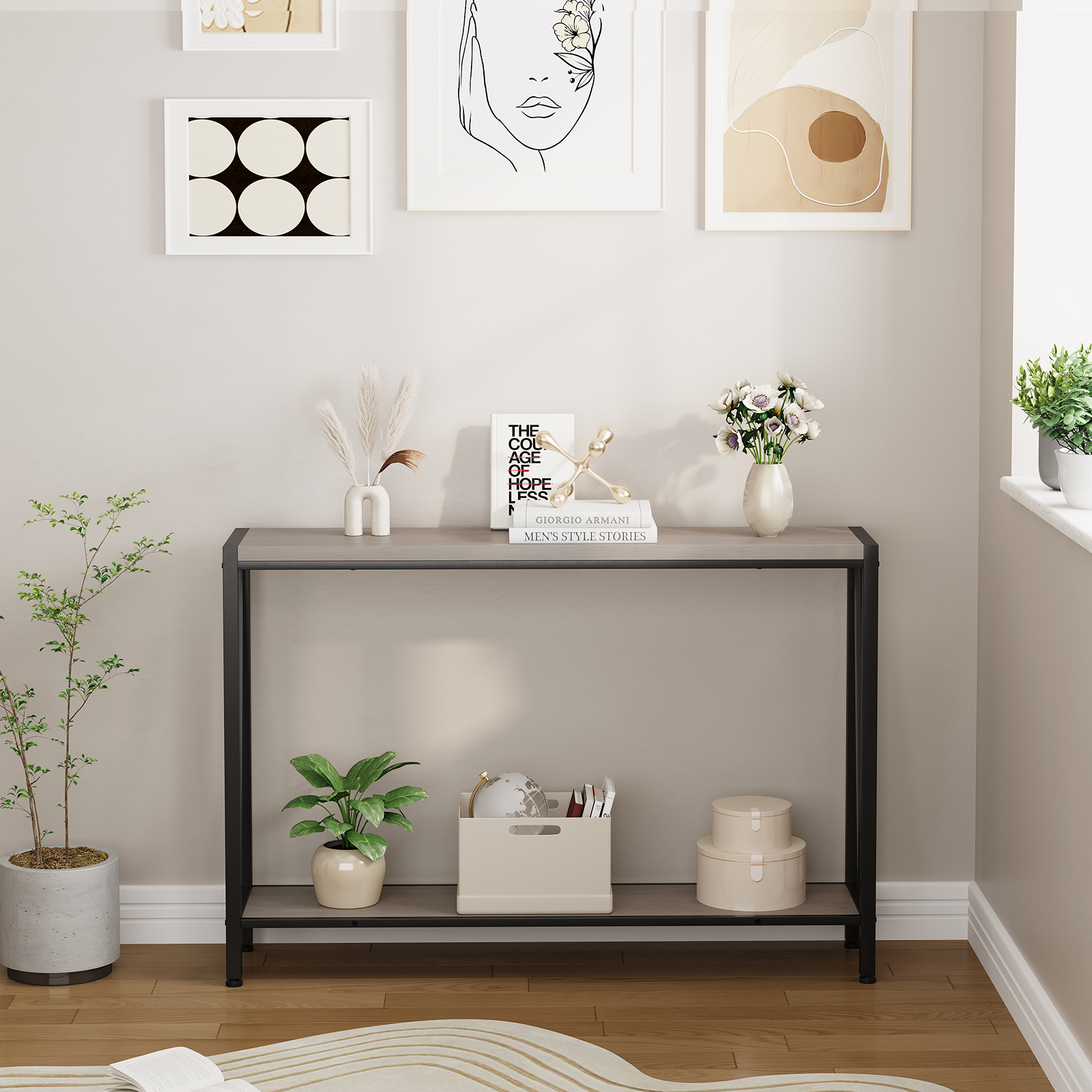 43 Inch Console Table, 2-Tier Narrow Console Sofa Side Table for Entryway Hallway Living Room, Premium Entryway Furniture for Hallway, Living Room, Foyer, Corridor, Office, in Black, Retro & Gray
